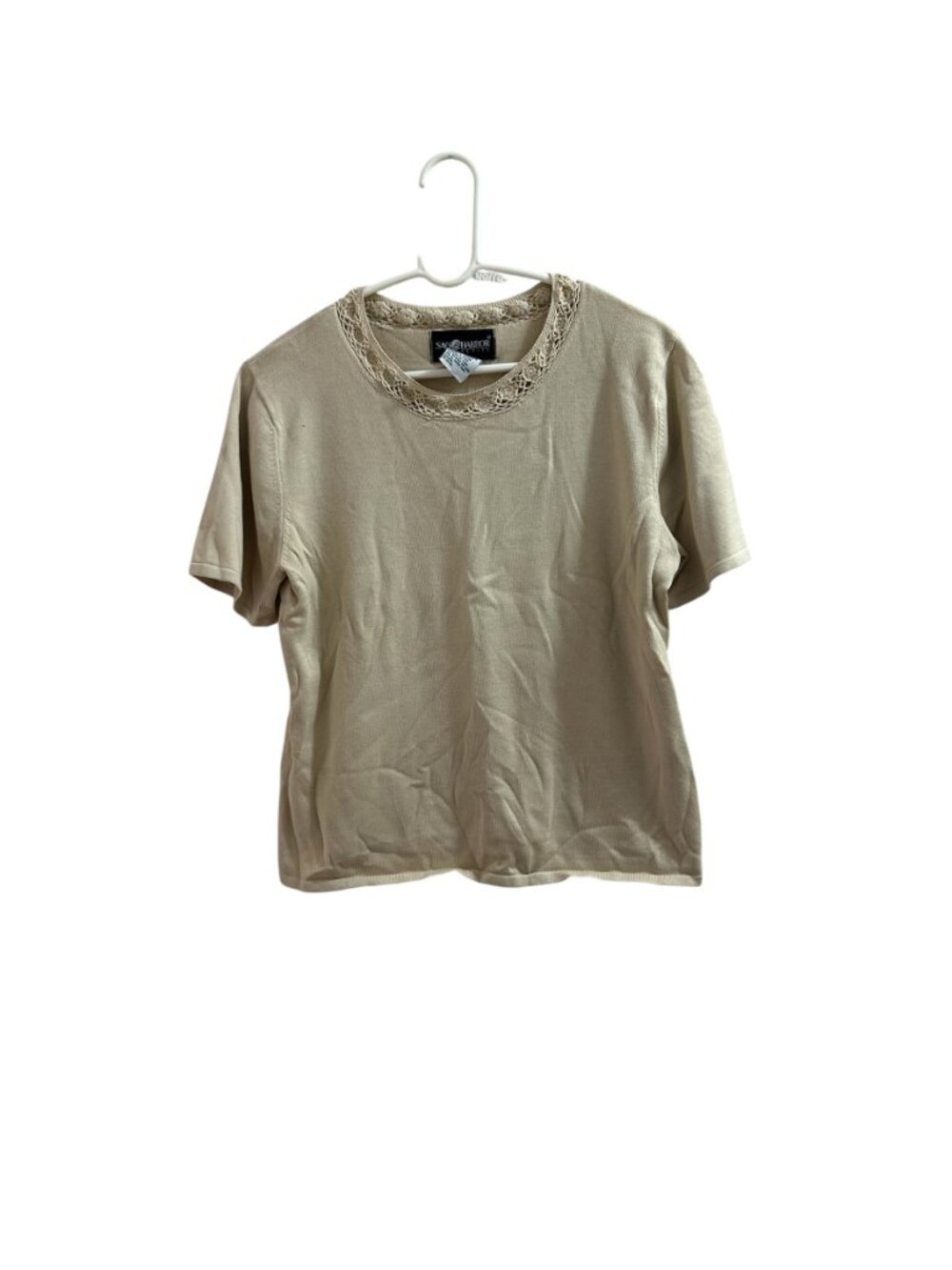 Sag Harbor Petite Medium Beige Short Sleeve Top Lace Neckline - Picture 3 of 9